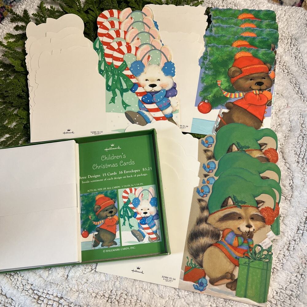 Vintage Hallmark Children's Christmas Cards Pack Set of 12 Racoon Bear Bunny